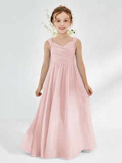 V-neck Pleated A-line Junior Bridesmaid Gowns Dusty Rose