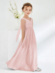 V-neck Pleated A-line Junior Bridesmaid Gowns Dusty Rose