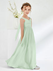 V-neck Pleated A-line Junior Bridesmaid Gowns Dusty Sage