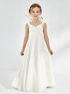 V-neck Pleated A-line Junior Bridesmaid Gowns Ivory