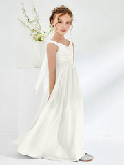 V-neck Pleated A-line Junior Bridesmaid Gowns Ivory