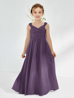 V-neck Pleated A-line Junior Bridesmaid Gowns Plum