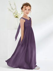 V-neck Pleated A-line Junior Bridesmaid Gowns Plum