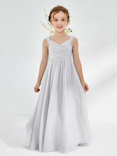 V-neck Pleated A-line Junior Bridesmaid Gowns Silver