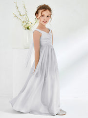 V-neck Pleated A-line Junior Bridesmaid Gowns Silver
