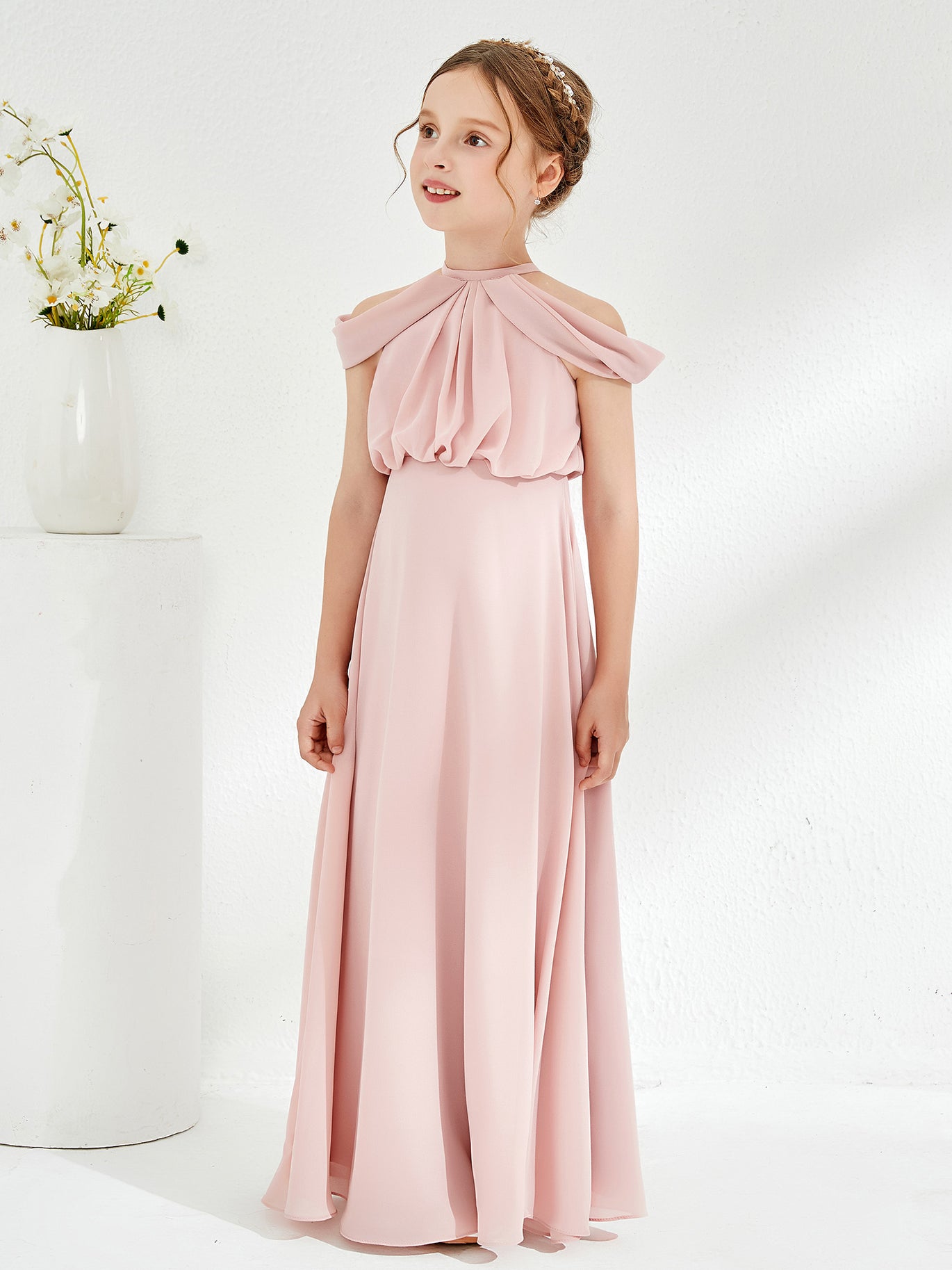 pink ruffle bridesmaid dress BABARONI Chiffon Dusty Rose Junior Bridesmaid Dresses A-line Halter  Sleeveless Ruched Floor-length