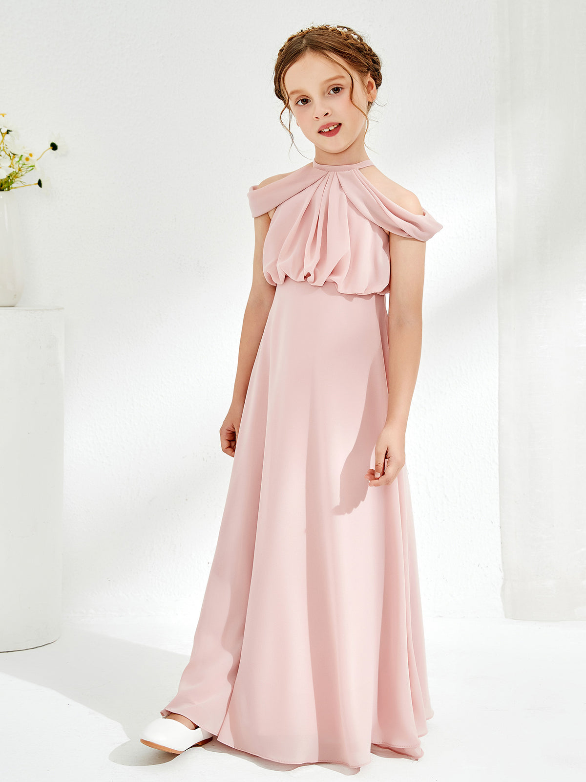 youthful bridesmaid dresses BABARONI Chiffon Dusty Rose Junior A-line Halter Sleeveless Ruched Floor-length, Dusty Rose / J4 or another celebrated event Dresses for Women spaghetti strap wedding dress Size:4XL-5XL