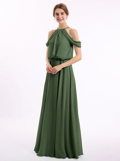 Halter Off the Shoulder Dress with blouson bodice Olive Green