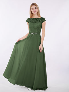 Cap Sleeves Chiffon Dress with Sash Olive Green