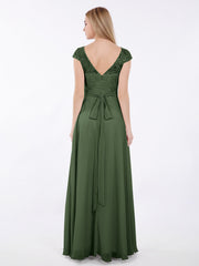 Cap Sleeves Chiffon Dress with Sash Olive Green