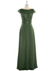 Cap Sleeves Chiffon Dress with Sash Olive Green Plus Size