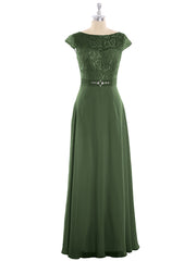 Cap Sleeves Chiffon Dress with Sash Olive Green