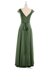 Cap Sleeves Chiffon Dress with Sash Olive Green Plus Size