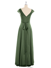Cap Sleeves Chiffon Dress with Sash Olive Green