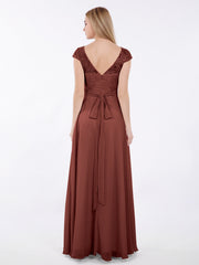 Cap Sleeves Chiffon Dress with Sash Terracotta Plus Size