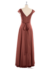 Cap Sleeves Chiffon Dress with Sash Terracotta