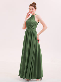 Halter Chiffon Long Bridesmaid Gown with Belt Olive Green