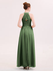 Halter Chiffon Long Bridesmaid Gown with Belt Olive Green Plus Size