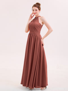 Halter Chiffon Long Bridesmaid Gown with Belt Terracotta