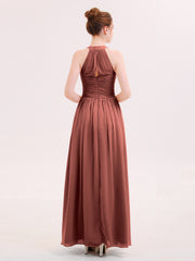 Halter Chiffon Long Bridesmaid Gown with Belt Terracotta Plus Size