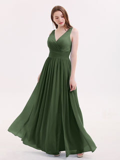 Double Beaded Strap Chiffon Dress with V Neck Olive Green