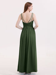 Double Beaded Strap Chiffon Dress with V Neck Olive Green Plus Size