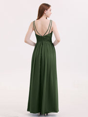 Double Beaded Strap Chiffon Dress with V Neck Olive Green