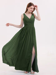 Double Beaded Strap Chiffon Dress with V Neck Olive Green