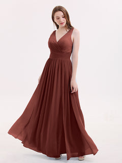 Double Beaded Strap Chiffon Dress with V Neck Terracotta