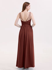 Double Beaded Strap Chiffon Dress with V Neck Terracotta