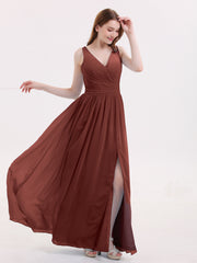 Double Beaded Strap Chiffon Dress with V Neck Terracotta Plus Size