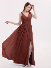 Double Beaded Strap Chiffon Dress with V Neck Terracotta