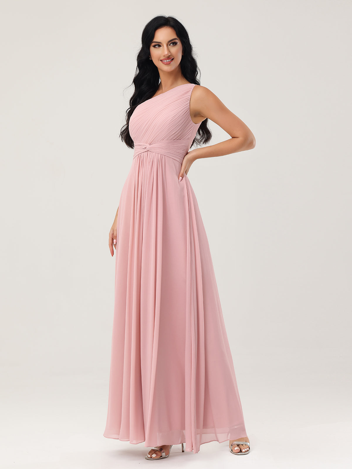 One Shoulder Dresses with Pleated Bodice Dusty Rose- Emily | BABARONI