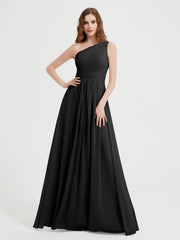 One Shoulder Dresses with Pleated Bodice Black