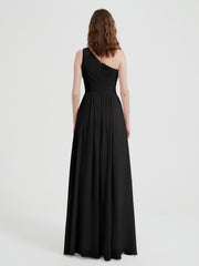 One Shoulder Dresses with Pleated Bodice Black