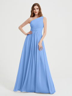 One Shoulder Dresses with Pleated Bodice Blue Plus Size