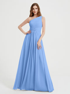 One Shoulder Dresses with Pleated Bodice Blue