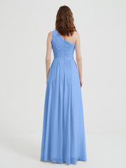 One Shoulder Dresses with Pleated Bodice Blue