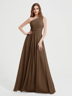 One Shoulder Dresses with Pleated Bodice Brown