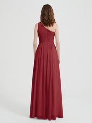 One Shoulder Dresses with Pleated Bodice Burgundy Plus Size