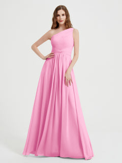 One Shoulder Dresses with Pleated Bodice Candy Pink