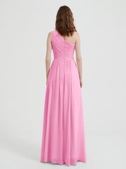 One Shoulder Dresses with Pleated Bodice Candy Pink