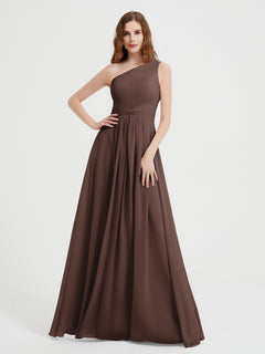 One Shoulder Dresses with Pleated Bodice Chocolate