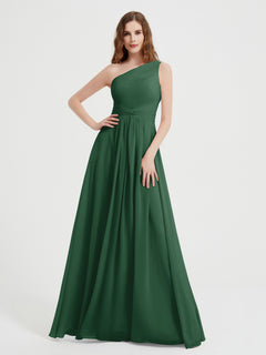 One Shoulder Dresses with Pleated Bodice Dark Green