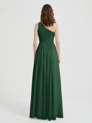 One Shoulder Dresses with Pleated Bodice Dark Green
