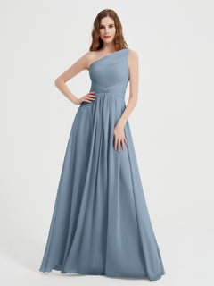 One Shoulder Dresses with Pleated Bodice Dusty Blue