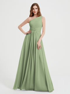 One Shoulder Dresses with Pleated Bodice Dusty Sage