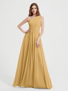 One Shoulder Dresses with Pleated Bodice Gold