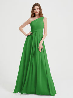 One Shoulder Dresses with Pleated Bodice Green