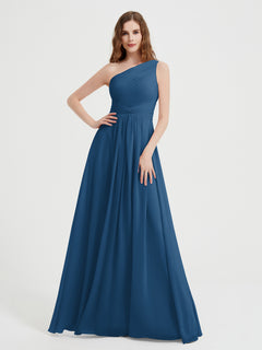 One Shoulder Dresses with Pleated Bodice Ink Blue